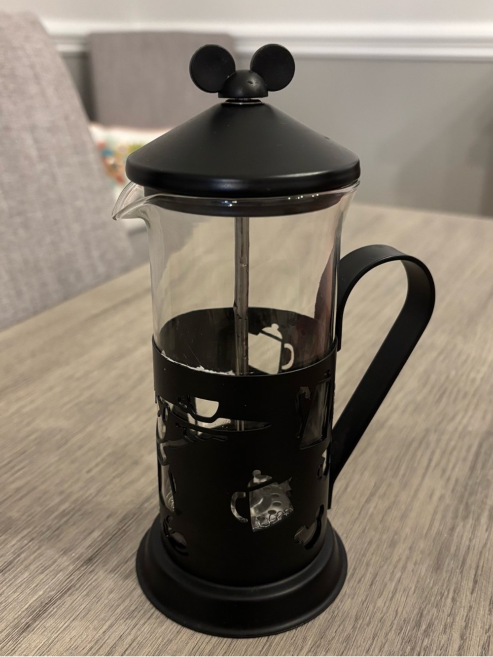 Disney Mickey Mouse Coffee French Press All Metal & Glass w/ Cutouts 8” Tall EUC